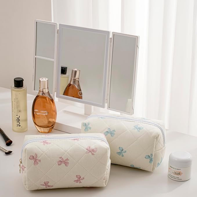 HHQQWZ Makeup Bag Travel Cosmetic Bag for Women Girls, Zipper Make Up Pouch, Floral Flowers Toiletry Organizer Makeup, Portable Storage Cosmetic Travel Cloth Bag (Pink+Blue Bow Tie)