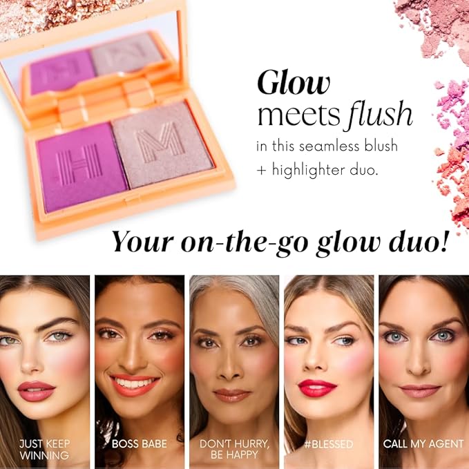 Haute Minute Makeup Blush + Brighten Highlighter Duo, Mini Lightweight Blendable Shimmer Blush, High Pigmented Makeup Powder Palettes, Cruelty Free - #Blessed