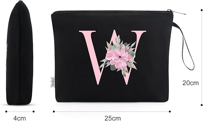 Vavabox A-Z Personalized Makeup Bag, Birthday Gifts for Women Mom, Gifts for Best Friend, Bride Bridesmaid Cosmetic bag (W, 02-Black)