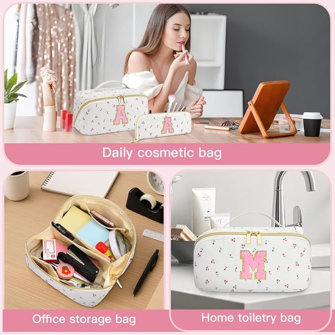 Personalized Travel Makeup Bag Set,Initial Travel Cute Cherry Makeup Organizer Bag,Toiletry Skincare Cosmetic Bag,Christmas Gifts for Women/Girls,Open Flat Toiletry Pouch with Brush Pocket-E