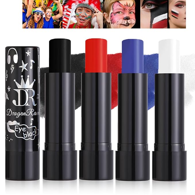 Baorder 4PCS Blue Red White and Black Lipstick,Face Body Paint Stick Kit, Eye Stick for Halloween,Safe Facepaint Lip Smacking White Foundation Black Lipstick Makeup
