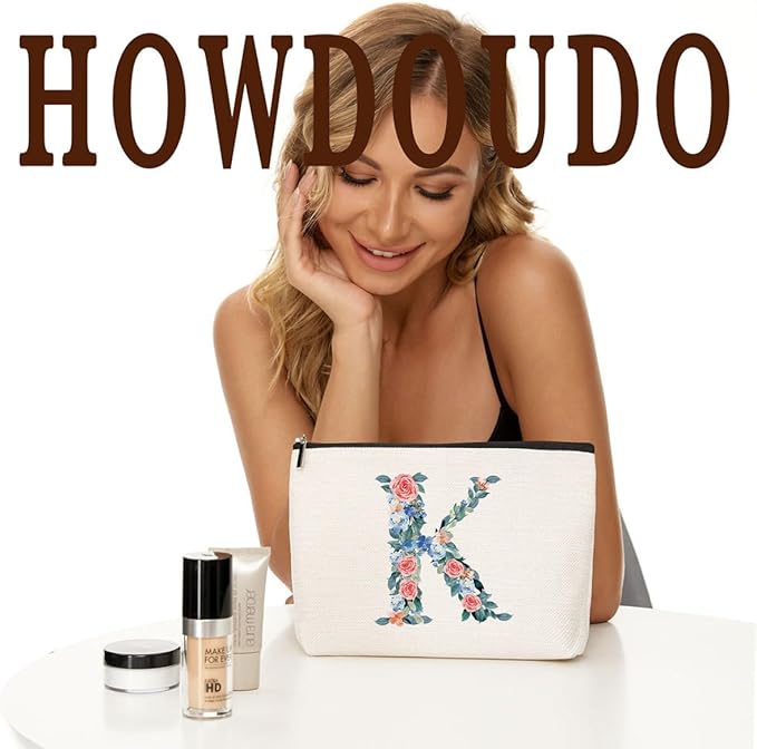 Personalized Initial Letter K Makeup Bag Floral Travel Cosmetic Bag
