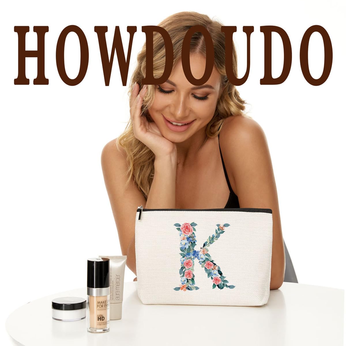 Personalized Initial Letter K Makeup Bag Floral Travel Cosmetic Bag