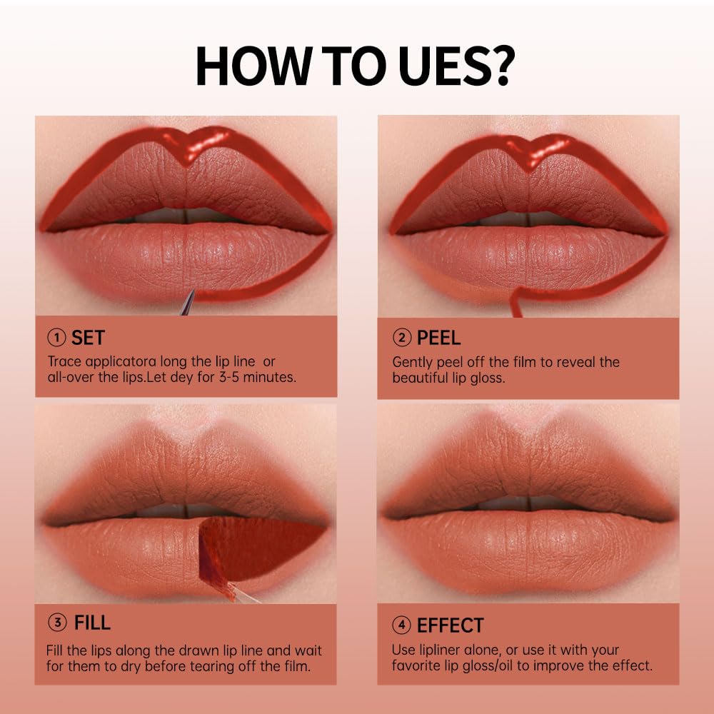Matte Lip Stain Peel Off Lip Gloss& Lip Liner 2-in-1: One end defines lips with precision liner, the other peels off to reveal long-lasting, waterproof, smudge-proof, transfer-proof matte color.1#