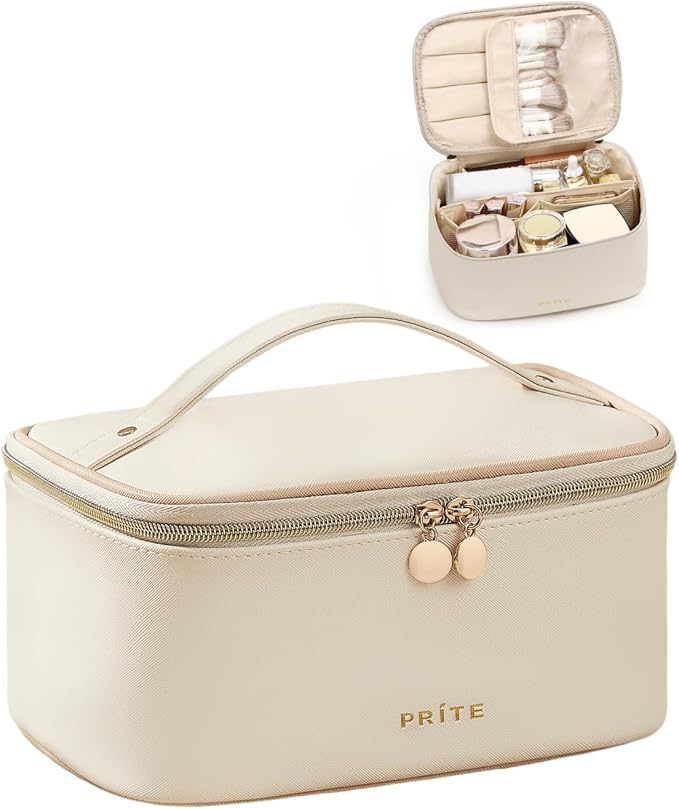 Prite Makeup Bag Travel Cosmetic Case, Women Toiletry bag Organizer, Beige
