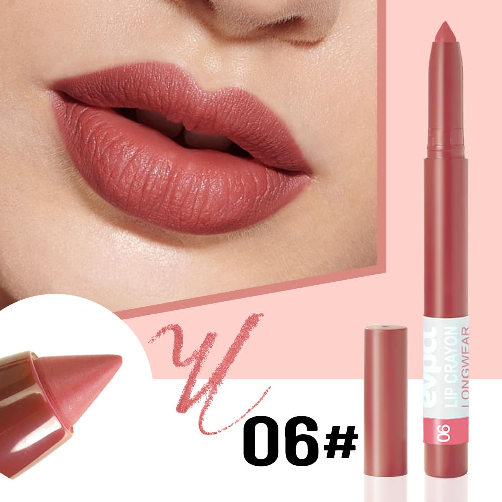 evpct Red Brown Lip Liner Crayon Pencils Set for Women, Matte Lip Stick Crayon Long Lasting, Lips Pencil Liner and Lipstick set, Lipliner Pencil, 24 Hours Long Wearing Lipstick, Built-in Sharpener 06