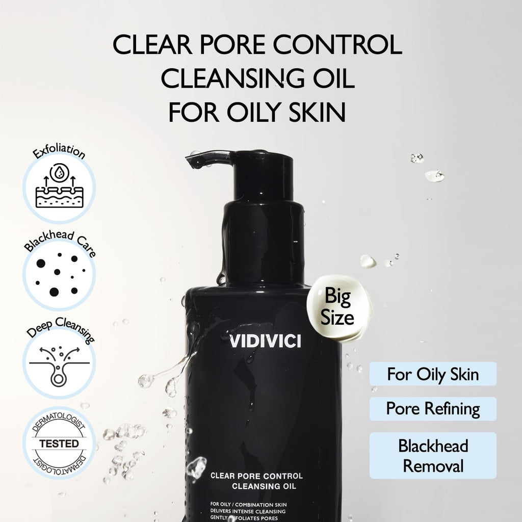 VIDIVICI Clear Pore Control Cleansing Oil 10.14 fl.oz | Makeup remover with blackhead care, Korean facial cleanser for oily skin, Sebum control with Bamboo Charcoal Powder, Korean skin care