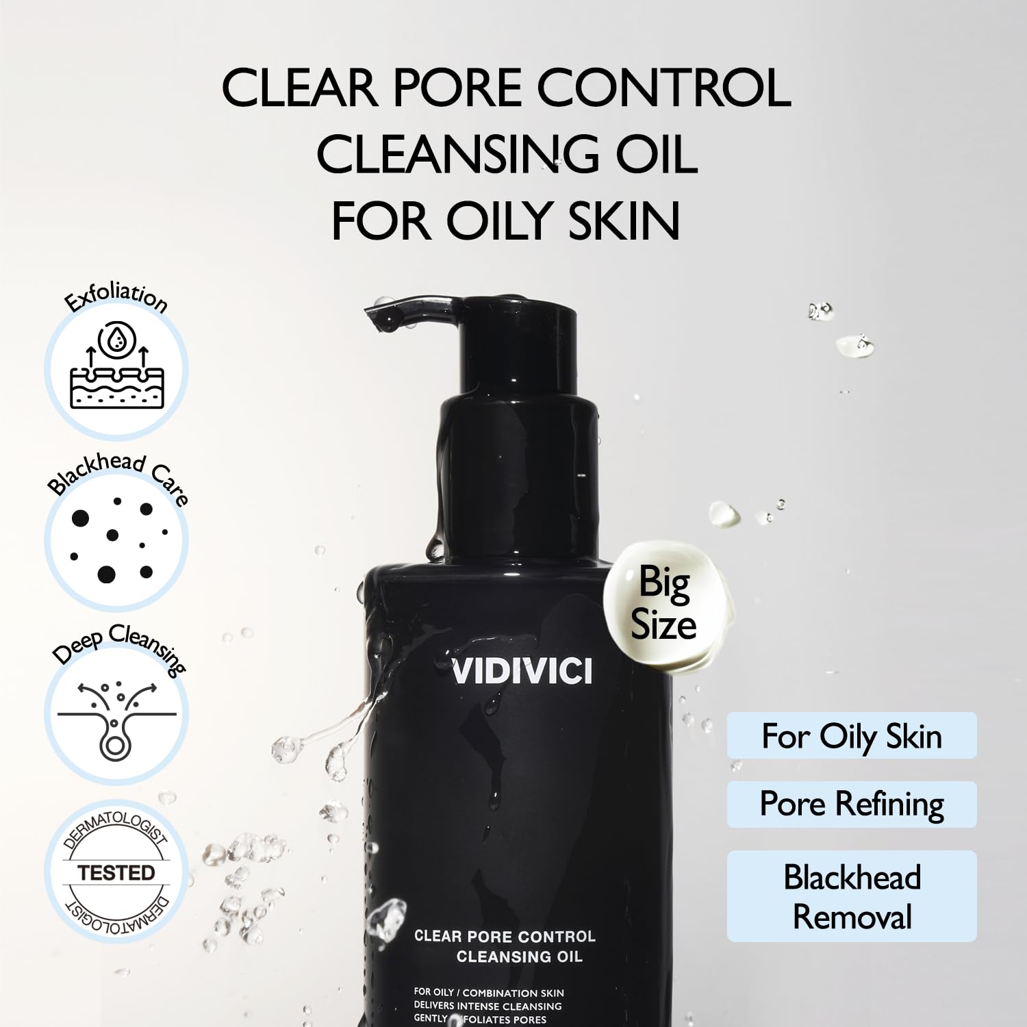 VIDIVICI Clear Pore Control Cleansing Oil 10.14 fl.oz | Makeup remover with blackhead care, Korean facial cleanser for oily skin, Sebum control with Bamboo Charcoal Powder, Korean skin care