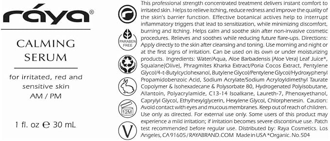 RAYA Calming Serum (504) - Calming Facial Serum For Irritated And Sensitive Skin, Skin Balancing Serum For A More Even-Looking Appearance Of Visible Irritation and Complexions