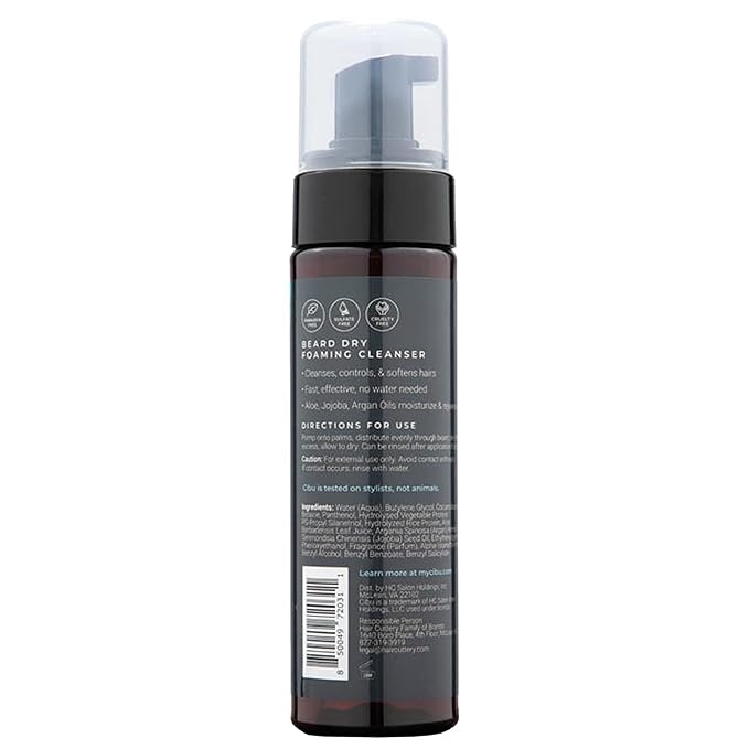 Cibu for Men Beard Dry Foaming Cleanser 6oz - Rinse-Free Beard Wash for Men to Control and Tame Unruly Beards and Coarse Hair - Softening and Nourishing Beard Cleaner with Aloe, Jojoba, and Argan Oils
