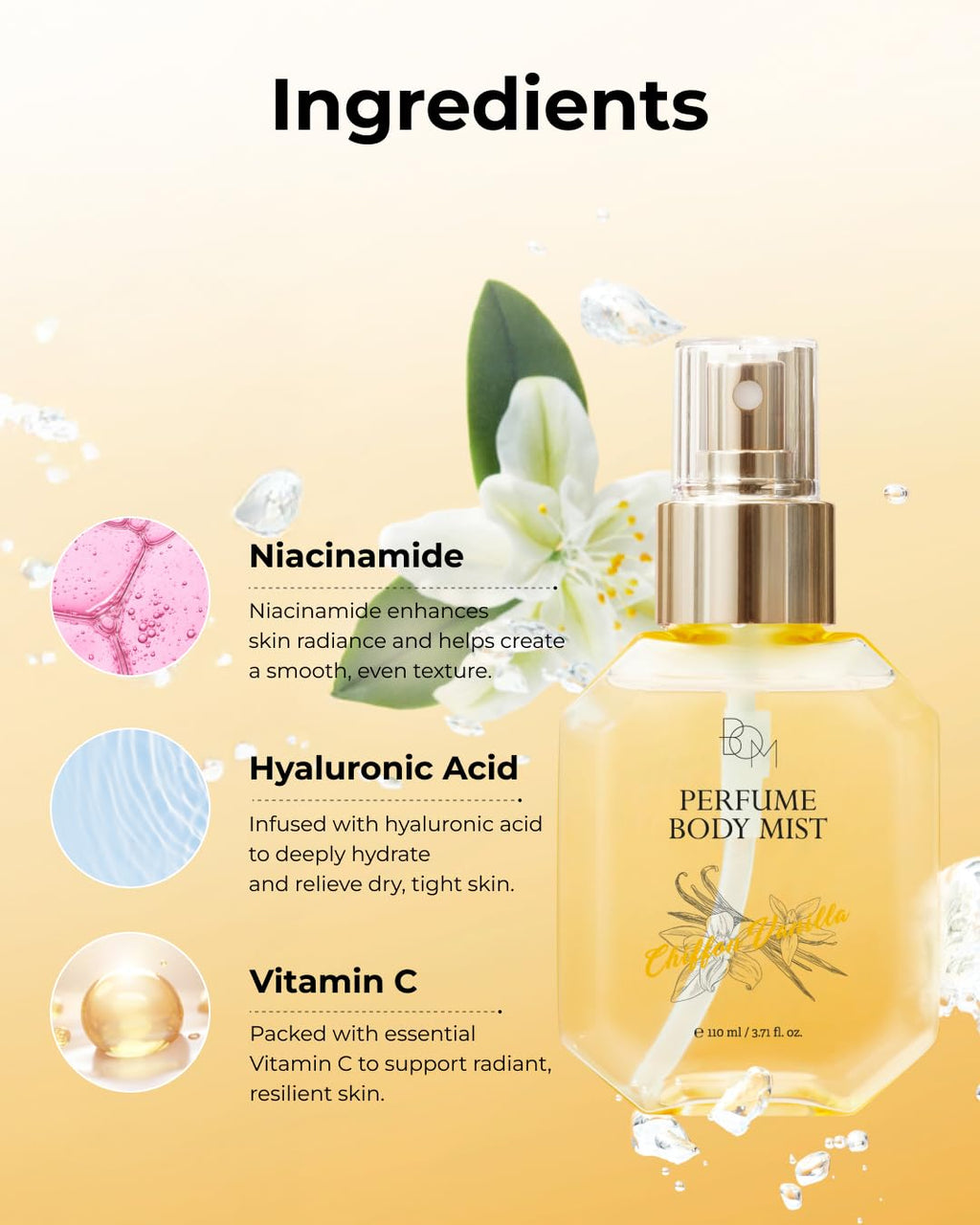 BOM Chiffon Vanilla Body Mist 3.71 Fl Oz, Vanilla Scented Fine Mist with Hyaluronic Acid, Niacinamide & Vitamin C, Hydrating, Lightweight, Korean Skincare