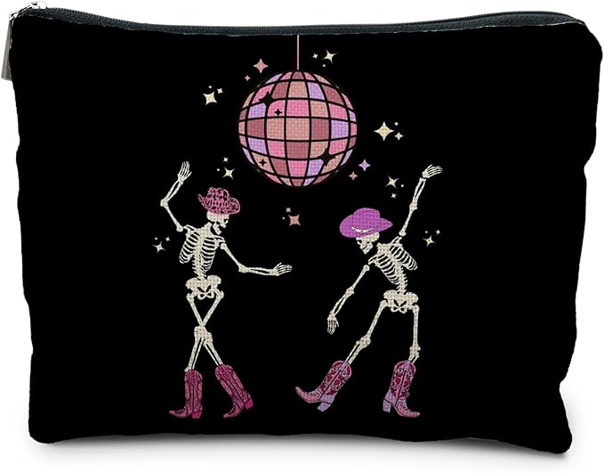 RYYCDOI Funny Disco Dancing Skeleton Makeup Bag, Goth Gothic Skull Cosmetic for Women, Halloween Gifts, Dark Academia Makeup Pouch, Horror Bag