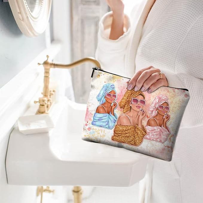 Givotin Cute Makeup Bag for Purse Canvas Waterproof Funny Cosmetic Bags for Women Zipper Travel Toiletry Pouch-Fashion Clipart African American Makeup Bags