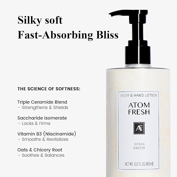 Atom Fresh Firming Body Lotion with 2% Niacinamide & Peptides, Fast-Absorbing Daily Moisturizer for Dry Skin, Ceramide Barrier Repair, Rose Freesia Oud, 13.5 fl oz