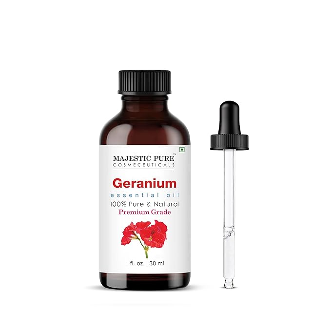Majestic Pure Essential Oil with Glass Dropper - 100% Pure and Natural - Essential Oils for Diffuser, Aromatherapy, Soap and Candle Making, Geranium Essential Oil, Geranium Oil, 1 Fl Oz