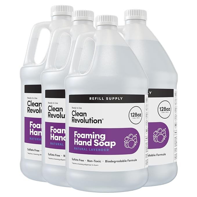 Clean Revolution Foaming Hand Soap Refill with Real Essential Oils, Moisturizing Sulfate-Free Hand Soap, Ready-to-Use Foam Soap Refill for Kitchen & Bathroom, Natural Lavender (128oz, 4 Pack)