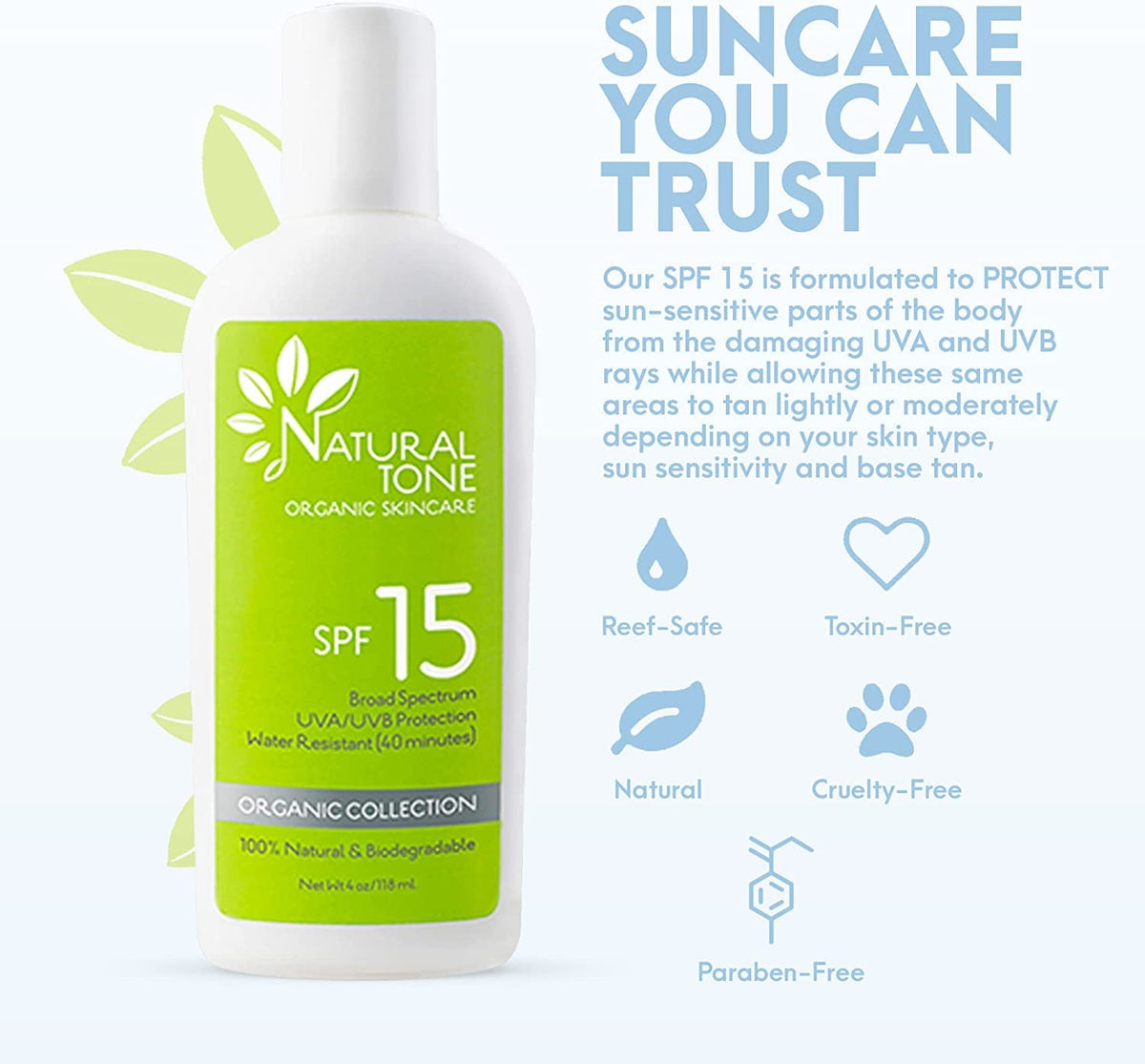 Natural Tone Organic Skincare SPF15 Broad Spectrum Sunscreen, 4 oz