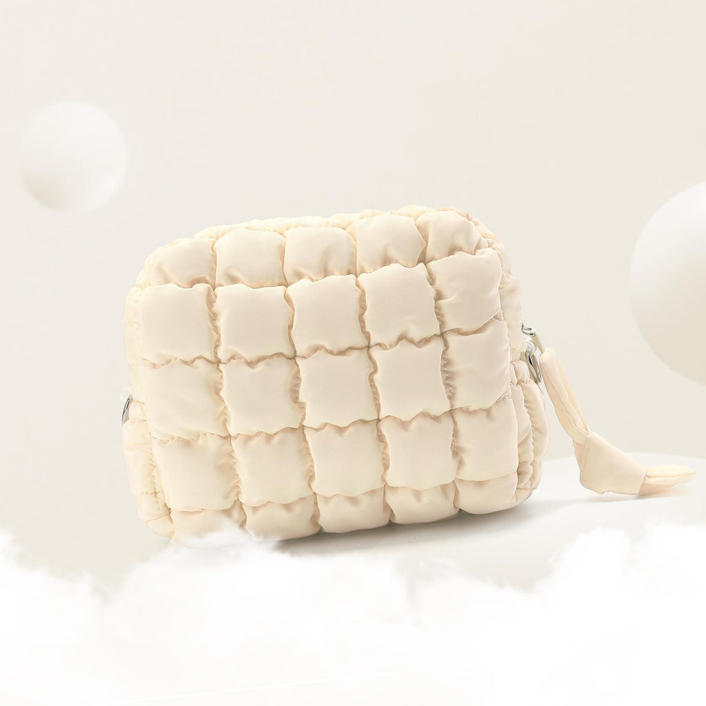 FDINF Puffy Quilted Makeup Bag Small Puffer Bag Cosmetic Bags Travel Toiletry Purse for Women, Cute Organizer Pouch, Beige