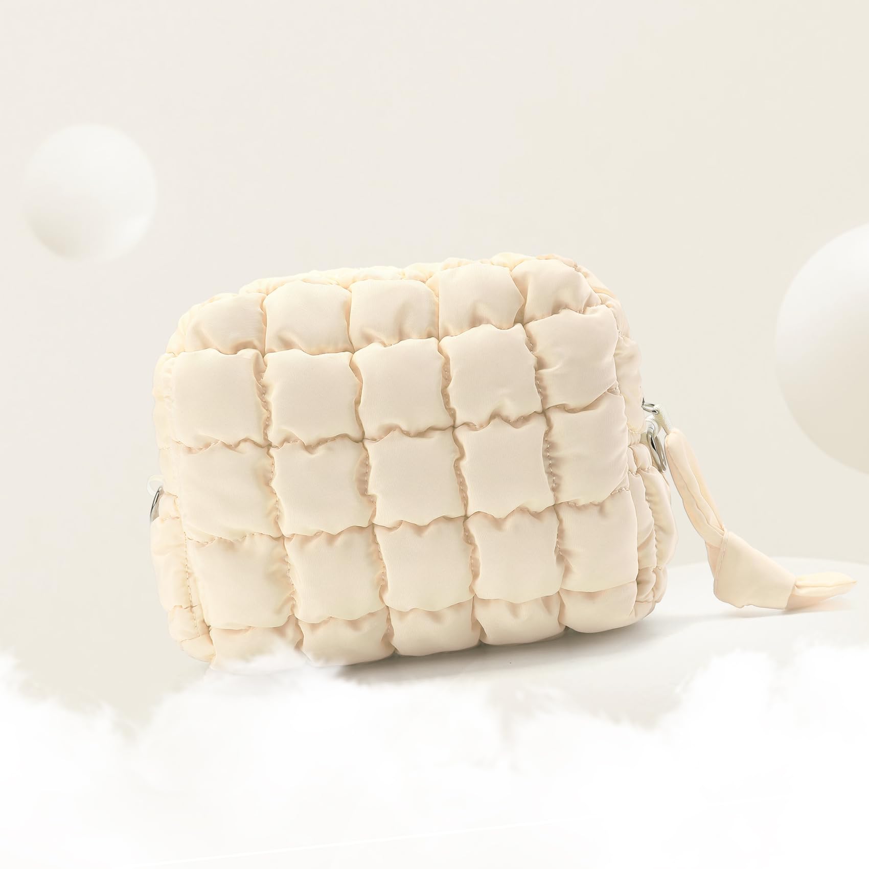 FDINF Puffy Quilted Makeup Bag Small Puffer Bag Cosmetic Bags Travel Toiletry Purse for Women, Cute Organizer Pouch, Beige