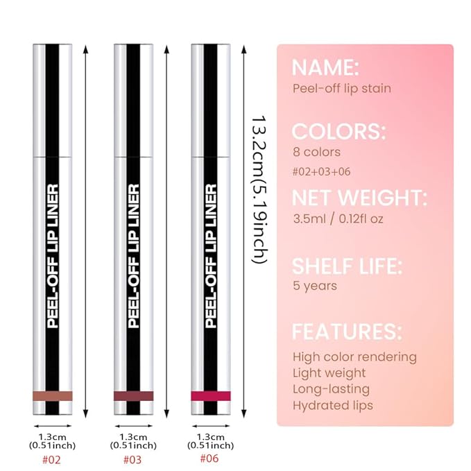 Hxssll 3 Pcs Matte Liquid Lip Stain Peel Off Lip Liner, Long Lasting Lip Tattoo, Waterproof & Transfer-Proof Lip Liner Peel Off Lip Gloss for All Skin Types. #02+#03#06