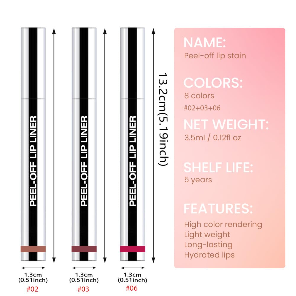 Hxssll 3 Pcs Matte Liquid Lip Stain Peel Off Lip Liner, Long Lasting Lip Tattoo, Waterproof & Transfer-Proof Lip Liner Peel Off Lip Gloss for All Skin Types. #02+#03#06