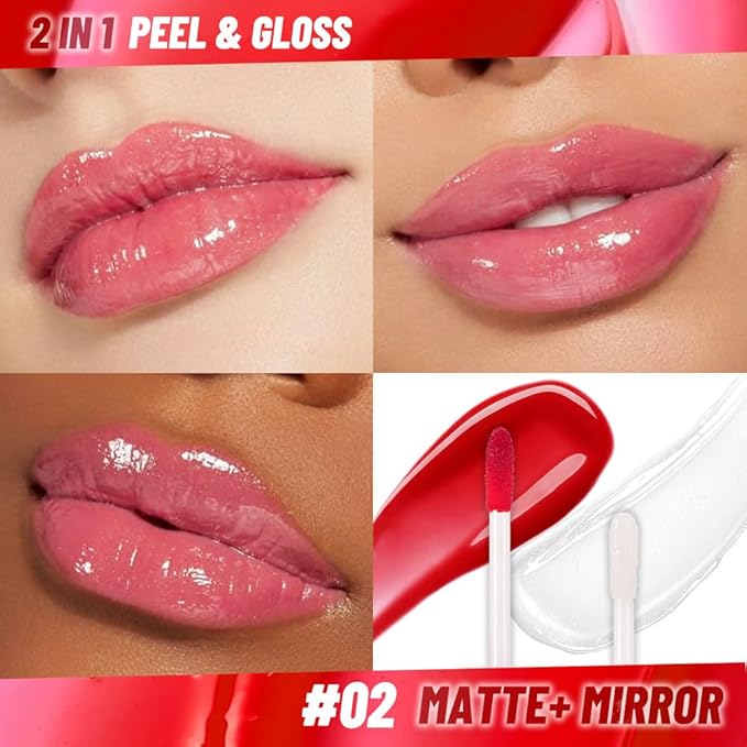 JUAAZIN Dewy Rose Lip Stain Peel Off Lip Gloss oil Dual-Ended Combo, Lips Liner Stain Peel Off Tattoo, Long Lasting & Waterproof, Transfer-Proof Lip Tint Stain with Lip oil for All Skin Type 02#