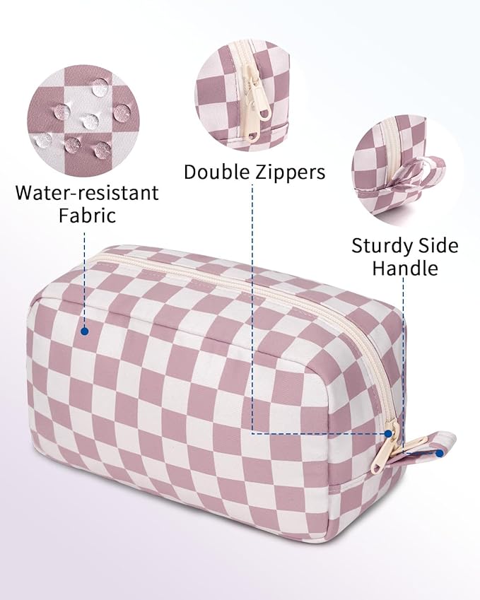 Narwey Checkered Makeup Bag, Travel Cosmetic Bag Organizer, Toiletry Bag Make Up Bags with Organized Pockets for Women (Dusty Rose Checkerboard, Large)