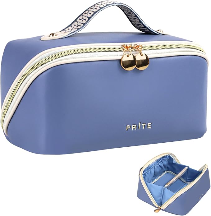 Prite Makeup Bag Travel Toiletry Bag Open Flat Cosmetic Organizer for Women