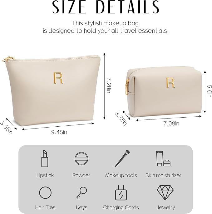 Women Gifts | Initial Makeup Bag Set for Girl Personalized Gifts for Bridesmaid Friend Graduation Teachers PU Leather Cosmetic Travel Toiletry Bag(Beige,R)