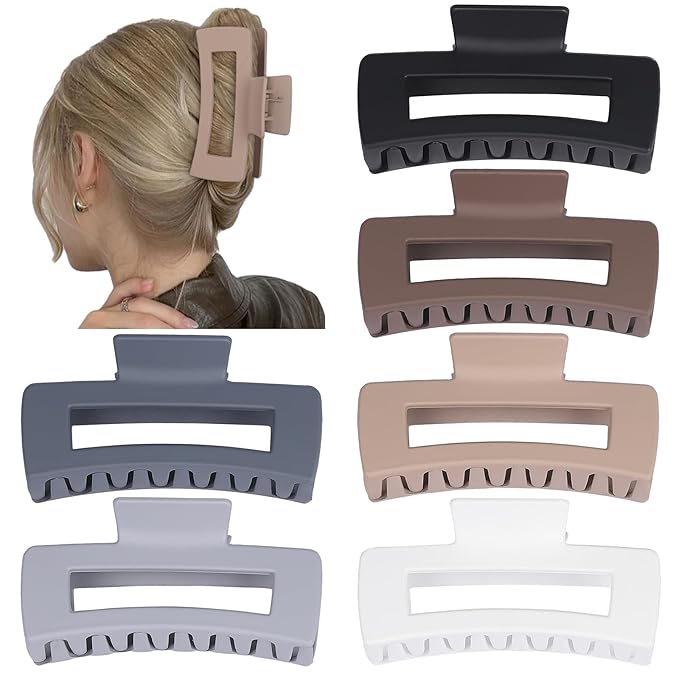 Sisiaipu 4 Inch Big Hair Claw Clips 6 Pcs Large Claw for Thick Hair Square Hair Clips for Women Rectangle Hair Clips Nonslip Acrylic Banana Jaw Clips Hair Accessories for Girls (Brown Grey)