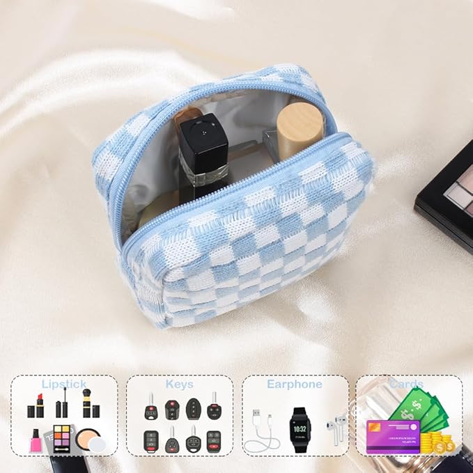 FFpaw 2 Pieces Makeup Bag Set, Small Blue Checkered Cosmetic Bag Travel Toiletry Organizer Mini Cosmetic Pouch Case Makeup Brushes Cute Quilted Aesthetic Accessories Storage Bag for Women