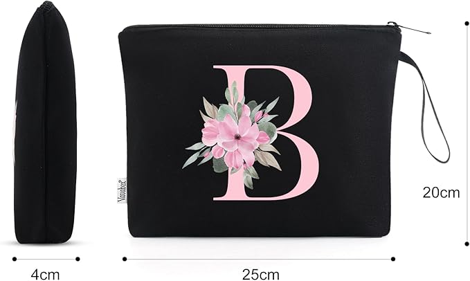 Vavabox A-Z Personalized Makeup Bag, Birthday Gifts for Women Mom, Gifts for Best Friend, Bride Bridesmaid Cosmetic bag (B, 02-Black)