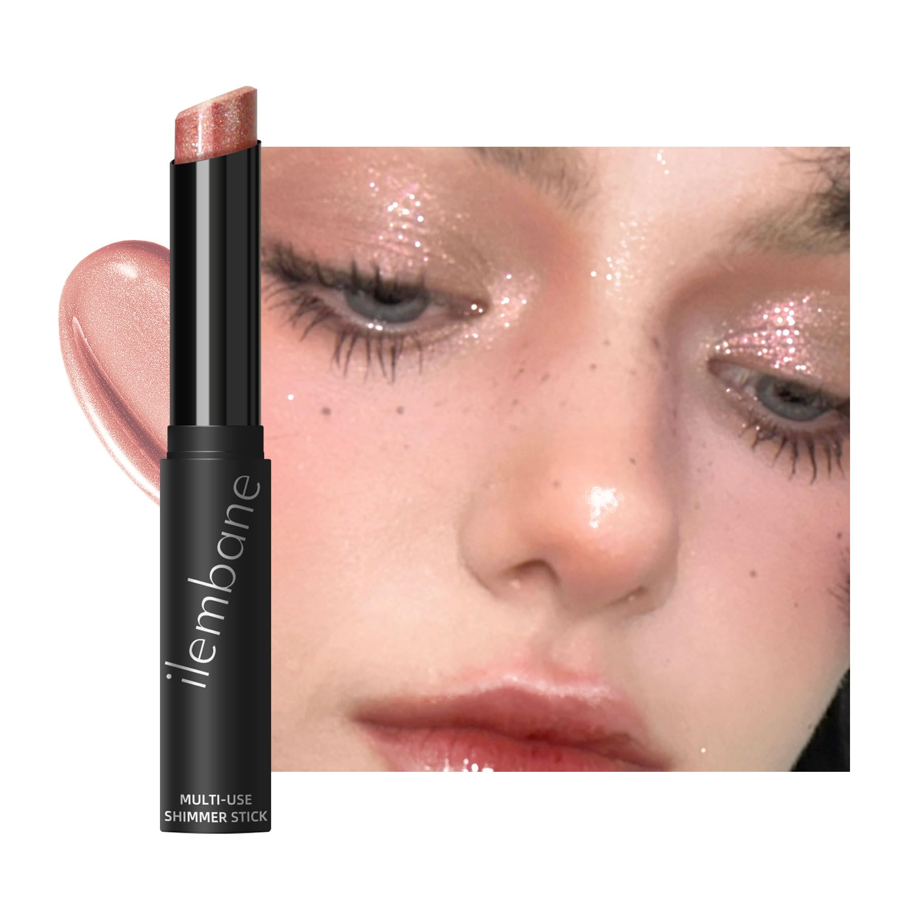 ilembane Cream Highlighter Stick, Shimmer Rose-Gold Glow Makeup for Face, Eyes, Lips & Body, Multi-Use Radiant Highlight, Diamond-Like Shine, Hydrating Sheer Finish, Silver Sparkle