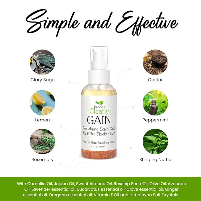 Isabella's Clearly GAIN – Natural Hair and Scalp Oil with Rosemary, Castor Oil & Essential Oils | Nourishing Serum for Fuller Thicker Looking Hair | Vegan, Waterless & Cruelty Free