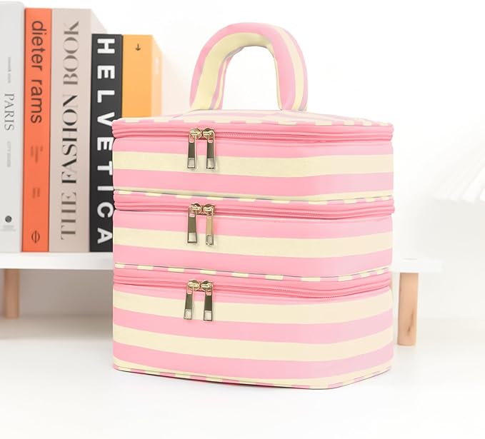 Apxouans Three Layer Makeup Bag for Women Fashion Stripes Cosmetic Bag Preppy Style Travel Water-Resistant Toiletry Bag for Storage Toiletries Cosmetics Sets for Women Teen Girls Pink