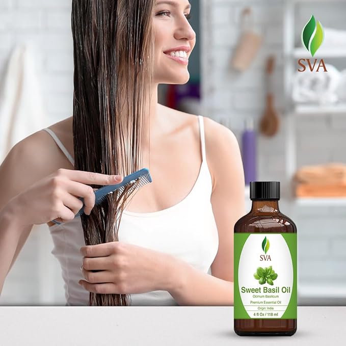 SVA Sweet Basil Essential Oil, Glass Bottle with Dropper, 4 Fl Oz (118 ml)