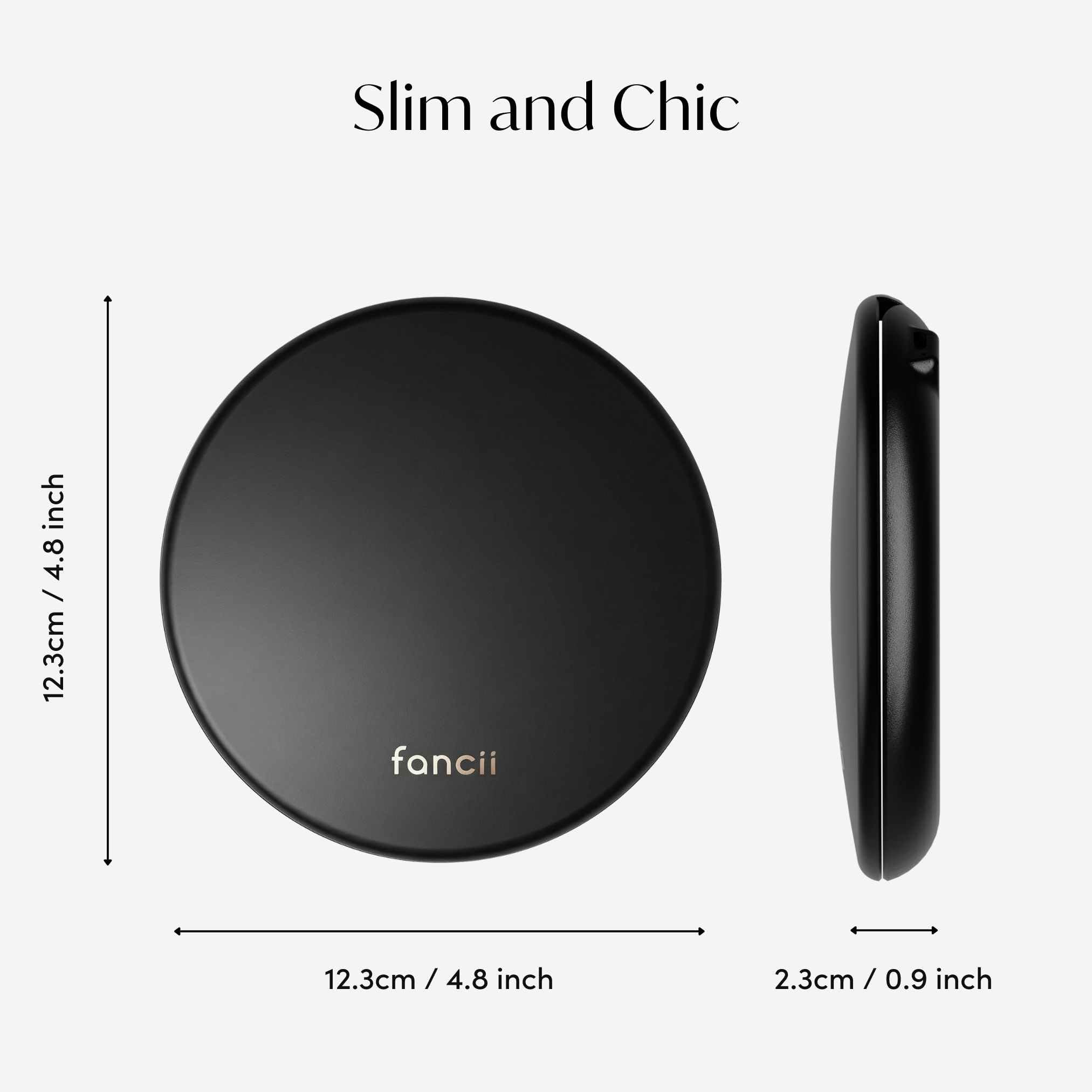 Fancii Taylor LED Lighted Travel Makeup Mirror, Rechargeable with 10x/1x Magnifying & 3 Light Settings - Compact, Portable, Large 5” Wide Hand Mirror for Handbag and Purses (Black)