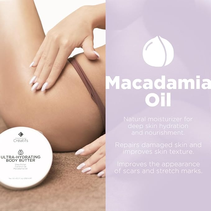 Cosmétiques Créatifs Ultra-Hydrating Body Butter with Shea Butter, 8.5 fl. oz., Salted Caramel and Macadamia Scent, Deep Moisturizing, Soothes, Repairs, and Nourishes Skin