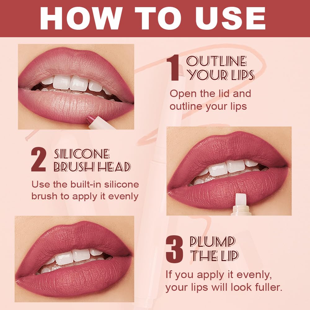 QIDSTERS Plump Matte Crayon Lip Liner Pencil, Neutral Pink Lipstick Lip Liners for Women, 24 Hour Long-Lasting Lip Gloss Makeup, With Silicone Smudger for Define Contours & Sculpting Lip, 02