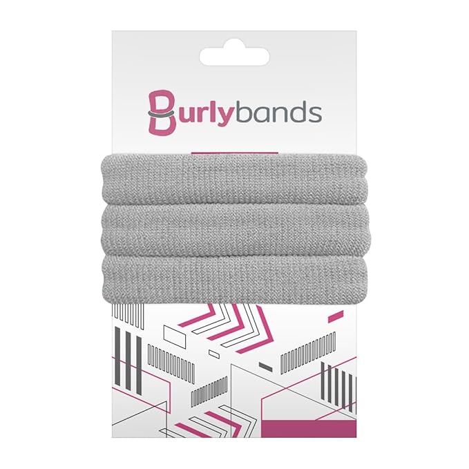 Burlybands Elastic Hair Ties No Damage for Thick Hair, Light Gray 3 Pack