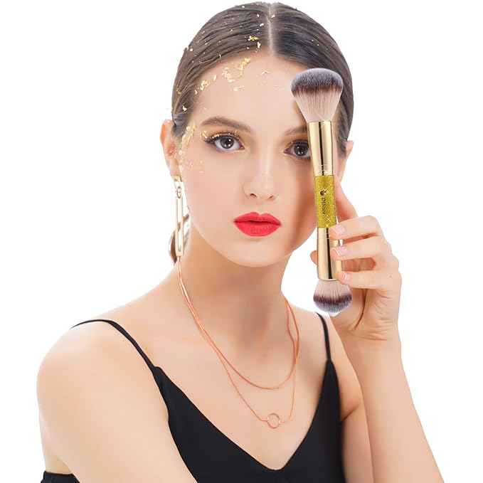 DUcare Dual End Powder Kabuki Makeup Brush Gold Glitter Vegan Synthetic for Liquid Cream Setting Powder