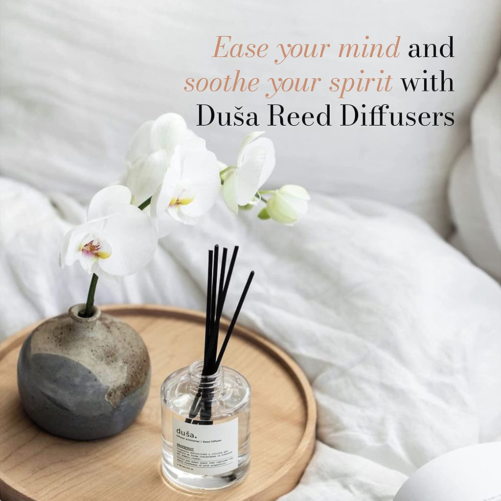 Duša Baies Scented Reed Diffuser & Sticks – 5 Fl Oz Essential Home Fragrance for Bathroom, Office & Living Spaces –Stylish & Long-Lasting Room Air Freshener –Ideal for Housewarming & Special Occasions