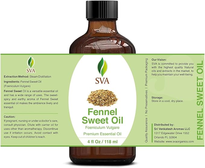 SVA Sweet Fennel Essential Oil, Glass Bottle with Dropper, 4 Fl Oz (118 ml)