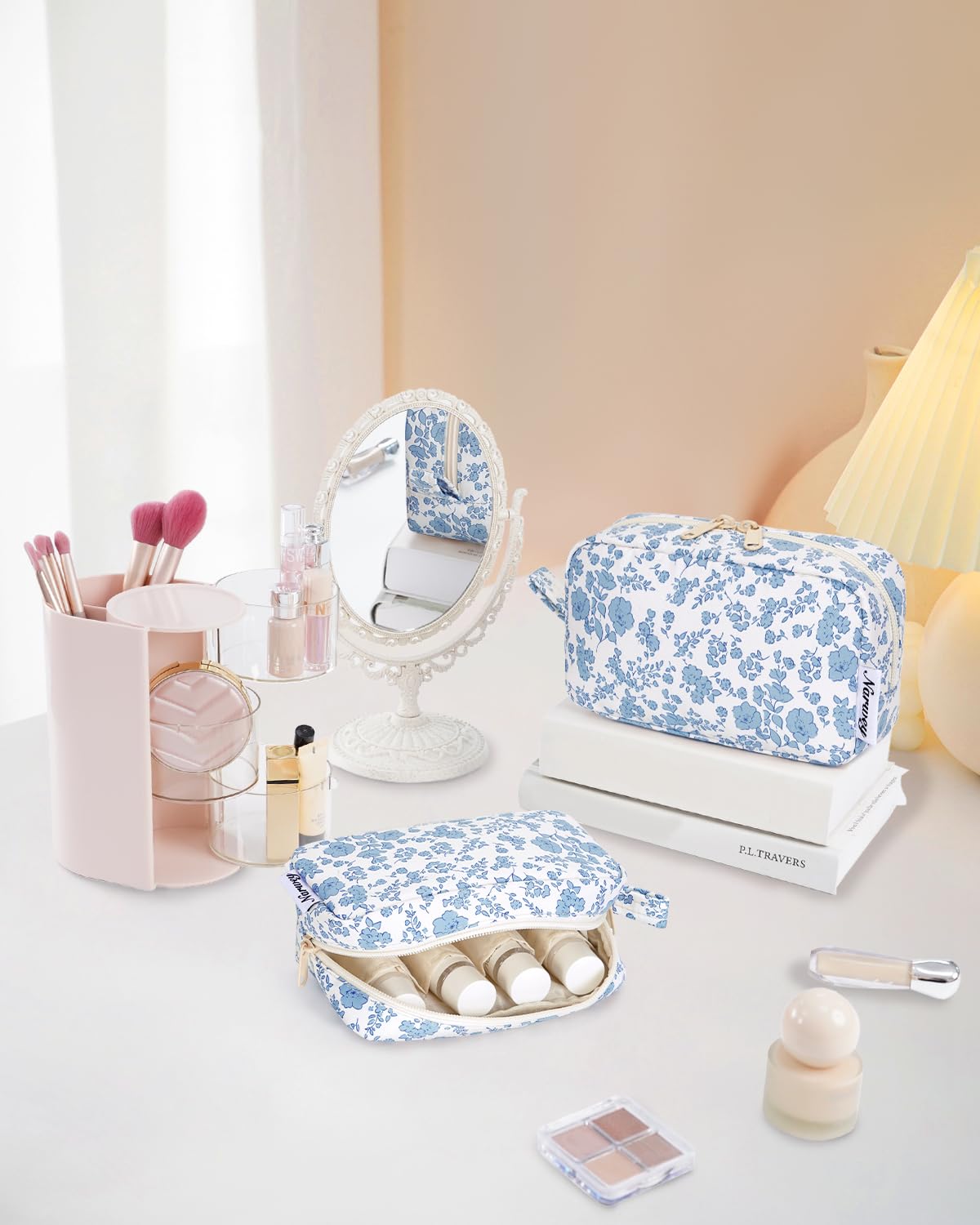 Narwey Small Makeup Bag for Purse Travel Makeup Pouch Mini Cosmetic Bag Zipper Pouch for Women (Blue Flower, Small)