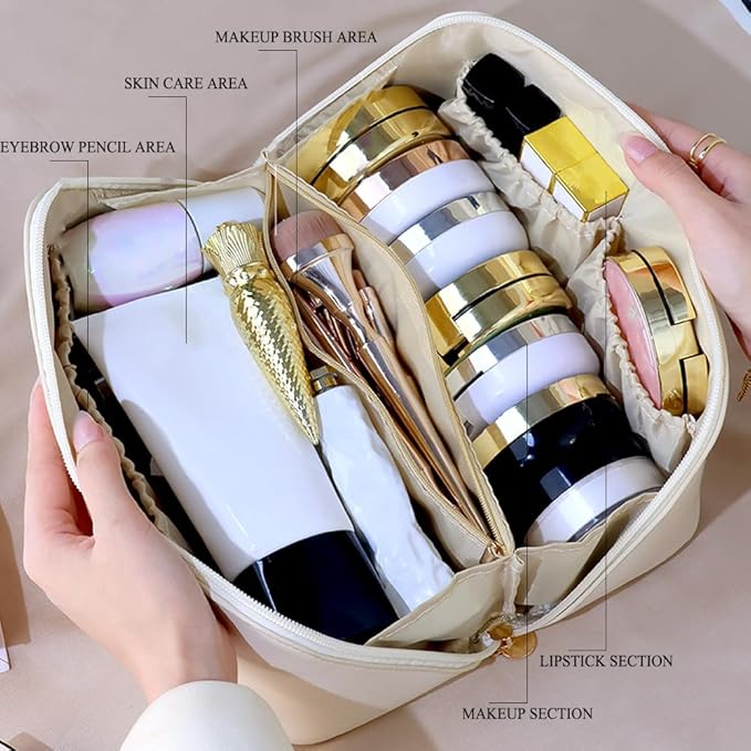 SUILU Makeup Bag Cosmetic Bag,Portable Pouch Open Flat Toiletry Bag Make up Organizer with Divider, Handle and small cosmetic bag Travel Essentials (Ivory)