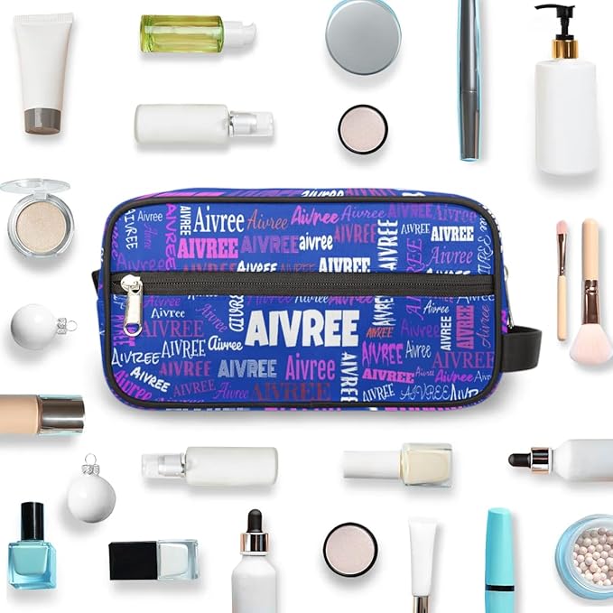 KFNHN Custom Name Makeup Travel Bag, Royal Blue Background Colorful Names