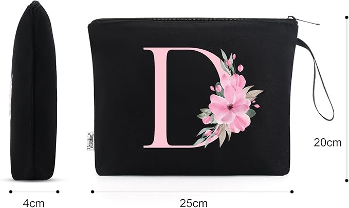 Vavabox A-Z Personalized Makeup Bag, Birthday Gifts for Women Mom, Gifts for Best Friend, Bride Bridesmaid Cosmetic bag (D, 02-Black)