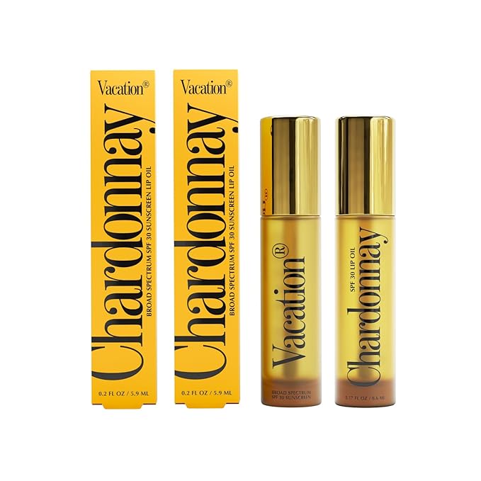 Vacation Chardonnay Lip Oil SPF 30, 0.2 Fluid Ounces, Pack of 2 - Hydrating SPF Lip Balm, Caramel Vanilla, Clear, Non-Sticky, Vegan