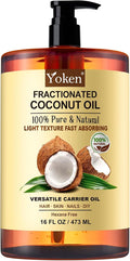 Yoken Fractionated Coconut Oil 16oz, USDA Organic Carrier Oil for Skin