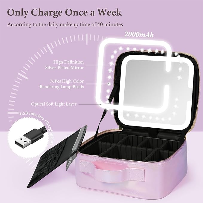 Behaesty Travel Makeup Bag with LED Lighted Mirror, Cosmetic Makeup Organizer Bag with 3 Color Setting, Makeup Train Case with Adjustable Dividers for Women Makeup Brushes Jewelry Accessories